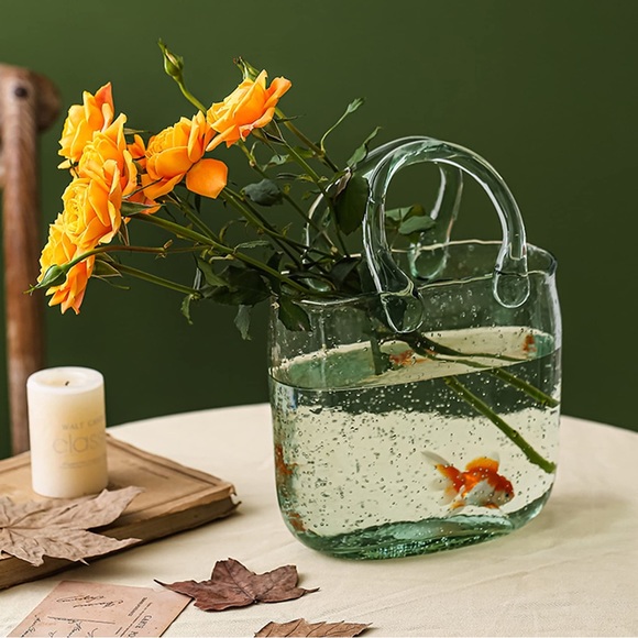 NEW! Glass Purse Vase. Light Blue Glass Vase with Air Bubbles, High-Class Bag - Picture 6 of 9